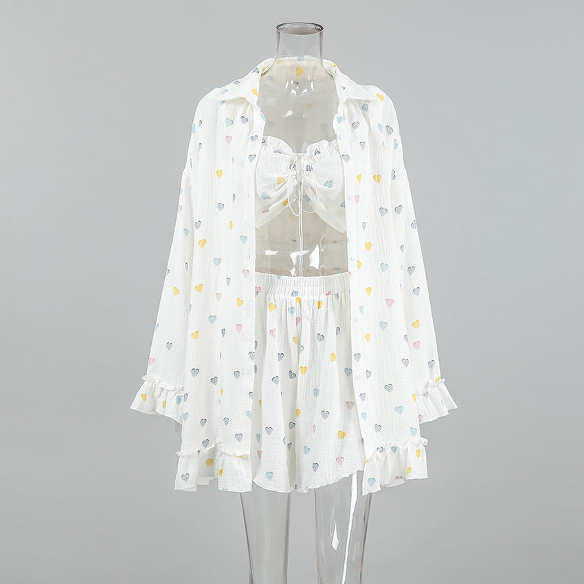 Sweet Floral Print Womens Cotton Ruffle-Trim Underwear Three-Piece Set Long-Sleeve Top And Shorts