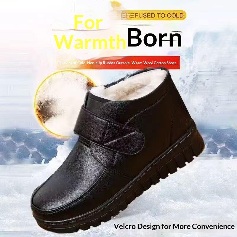Fleece-lined Extra-thick Warm Ankle Boots Mid- And Elderly Leather Boots With Flat Soles