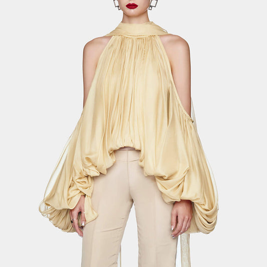 French Style Temperament Bow Lace-up Off-shoulder Chiffon Shirt Women's New Sweet Halter Puff Sleeve Loose Top