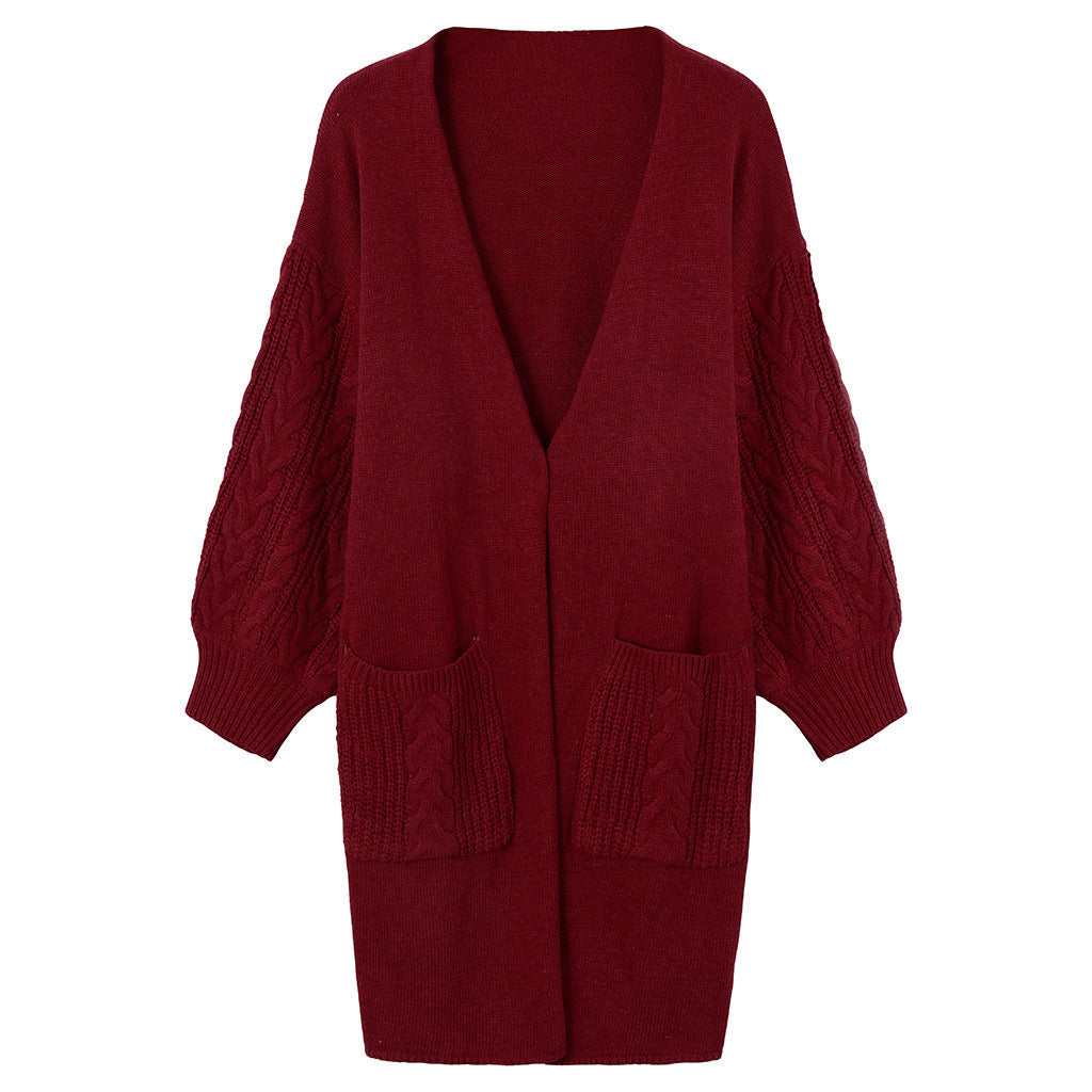 Knitted Cable Lantern Sleeve Coat Sweater