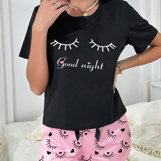 Black Short-sleeve Shorts Set With Eyelash Print Loose-fitting And Casual For Home Wear