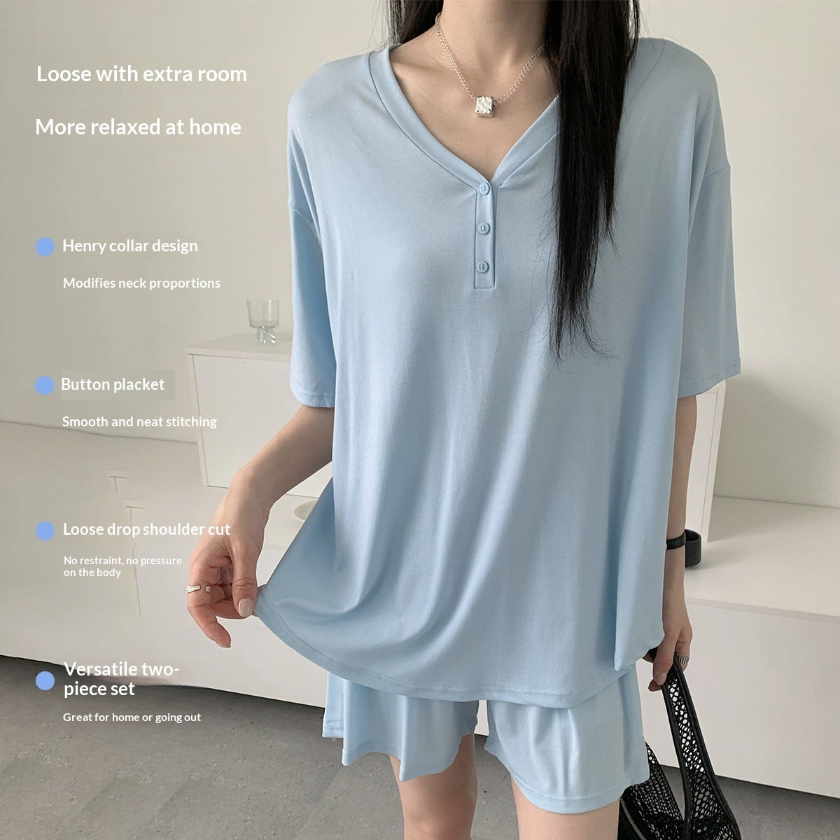 Home Wear Set Cool-to-the-touch V-neck Short-sleeve Shorts Skin-friendly Soft Loose-fitting Pajamas