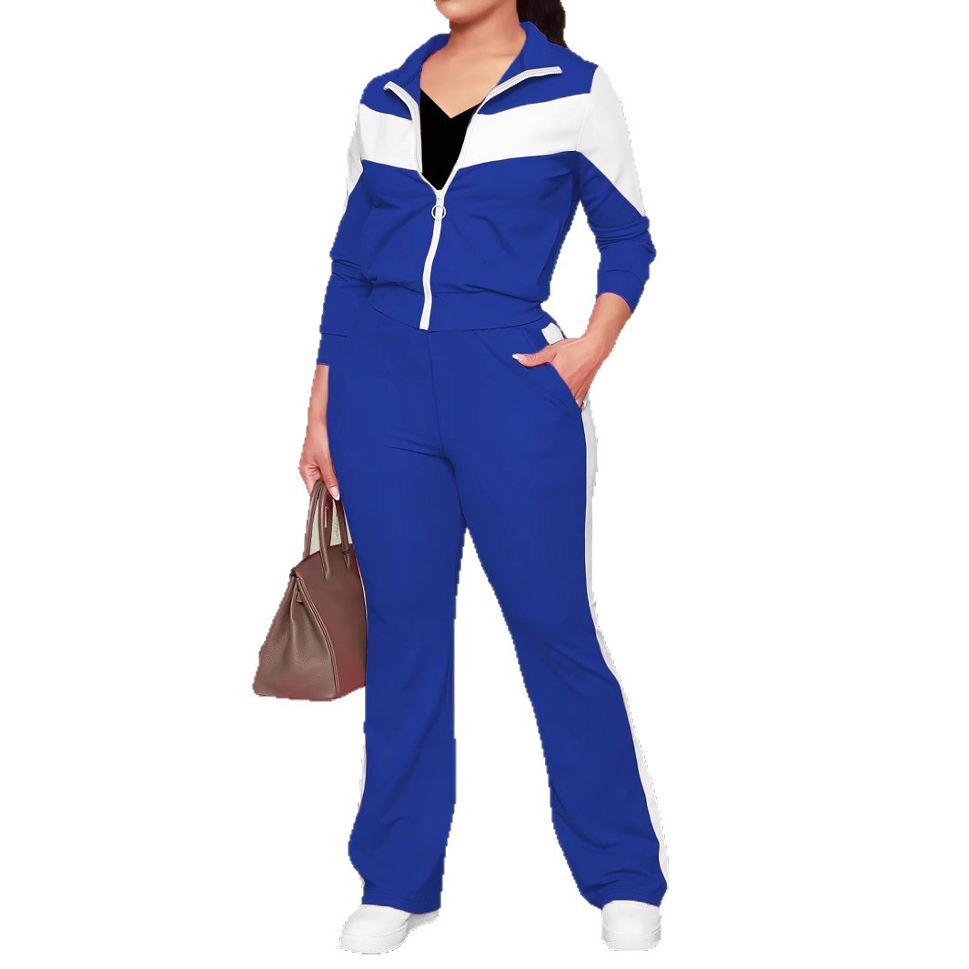 Fashionable And Comfortable Color-block Sporty Zip-up Jacket And Casual Pants Two-piece Set