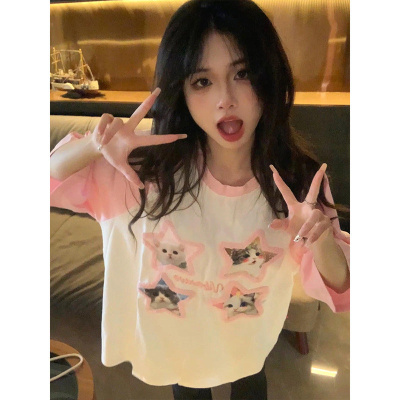 Contrast Color Design Raglan Sleeve Cat Printing Mid-length Loose Short Sleeve