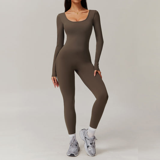 Women's Solid Color Back Nude Feel Long Sleeve Yoga Jumpsuit