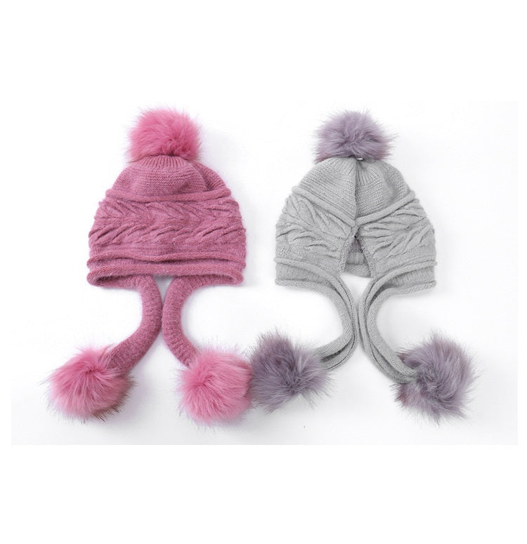 Winter Warm Ear Protection Three Hair Ball Pleated Rabbit Fur Hood