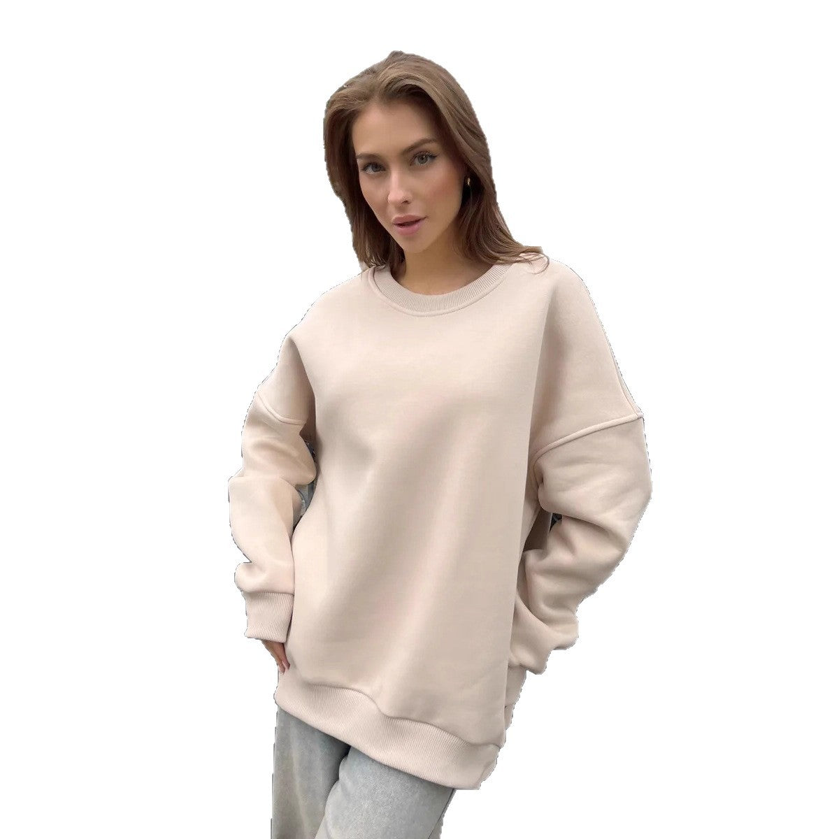 Moderigtig afslappet retro ensfarvet tyk sweatshirt med rund hals