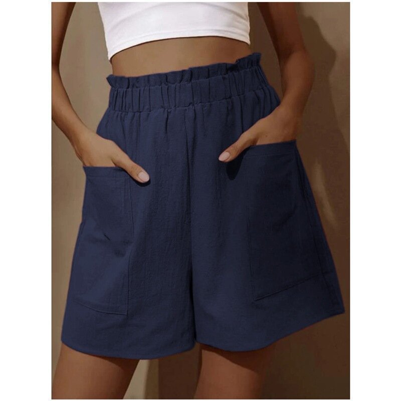 Solid-color High-waist Shorts Womens Wide-leg Pants