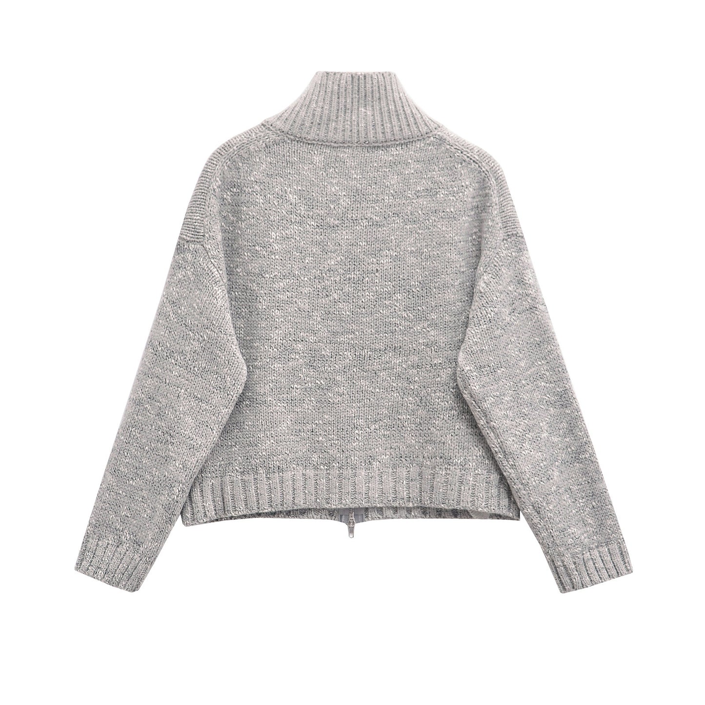 Spring Zipped Stand Collar Short Long Sleeve Knitted Coat