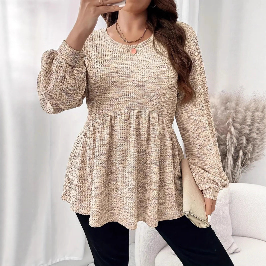 Long Sleeve Tie-dyed Printed Ruffled Hem Lantern Sleeve Round Neck T-shirt