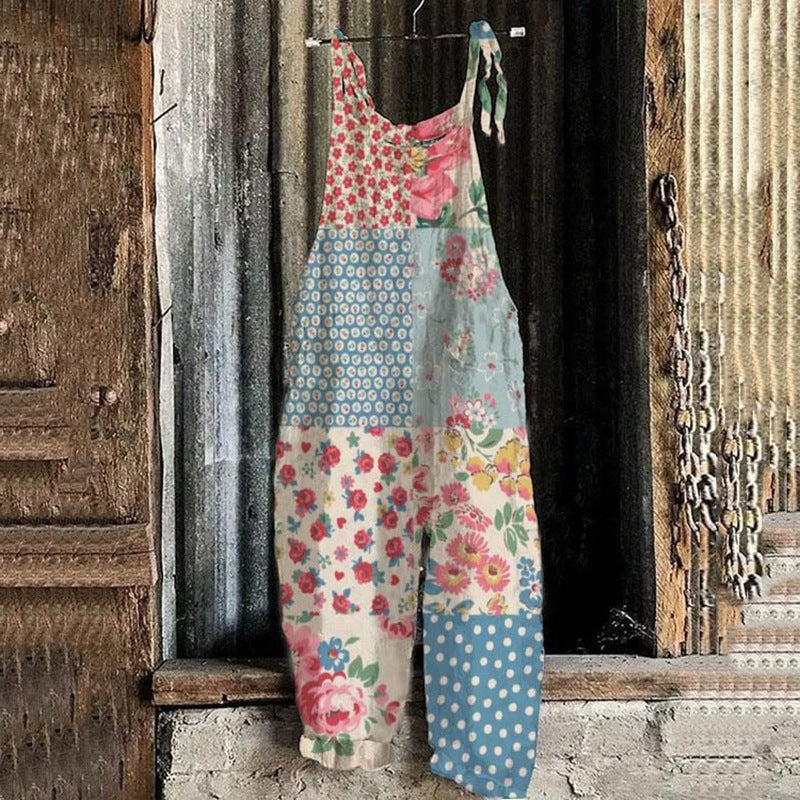 Kvinders efterårs- og vinterprintede retro-jumpsuit med vide ben