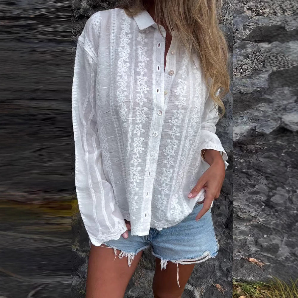 Color Embroidery Hollow Out Polo Collar Shirt Long Sleeve Button Cardigan Top