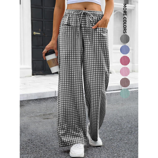 High-waisted Wide-leg Plaid Drawstring Loungeleisure Pants