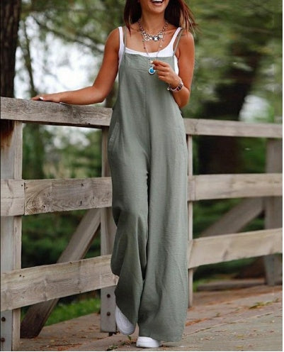 Ærmeløs Jumpsuit Til Kvinder Med Lommer Og Justerbar Skulderrem Moderigtig Løs Bred Ben Lige Overalls Sommer Strandbukser