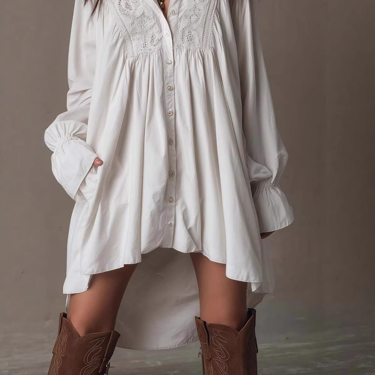 Notch-lapel Long-sleeve Flared-sleeve Button-front Mid-length Shirt