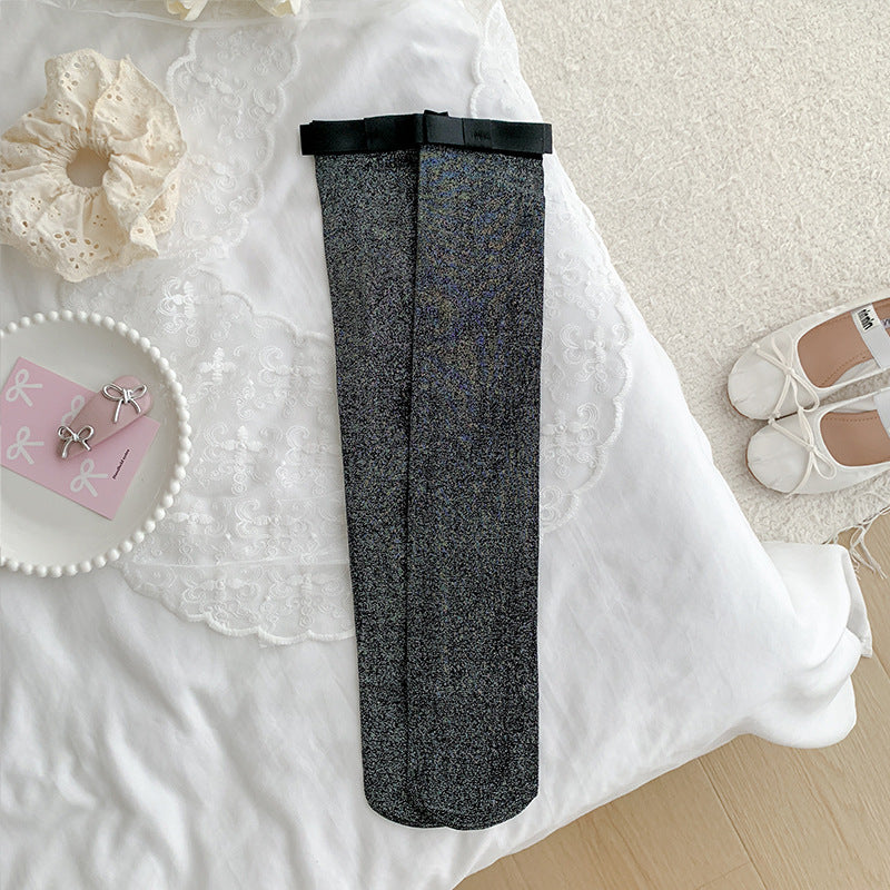 Cotton Calf-length Socks For Women With Silver-thread Bow