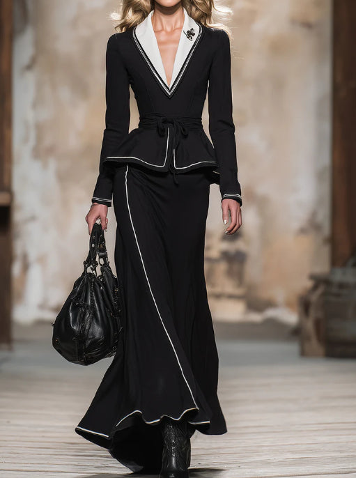 Simple And Stylish White Collared Black Jacket And Skirt Set