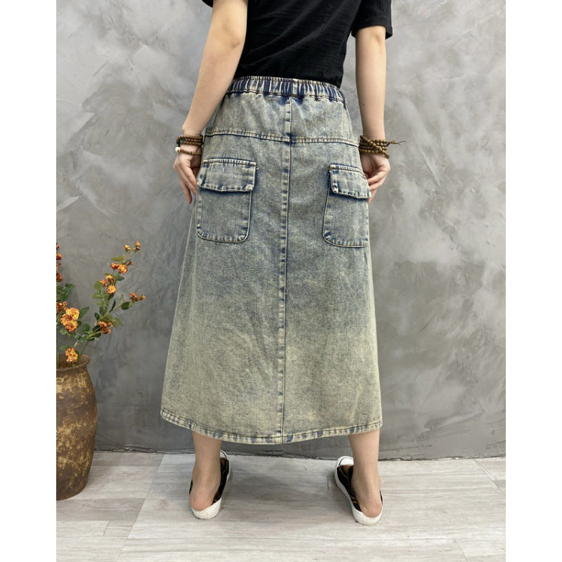 Vintage Embroidered Hole Denim Skirt Spring And Autumn New Style