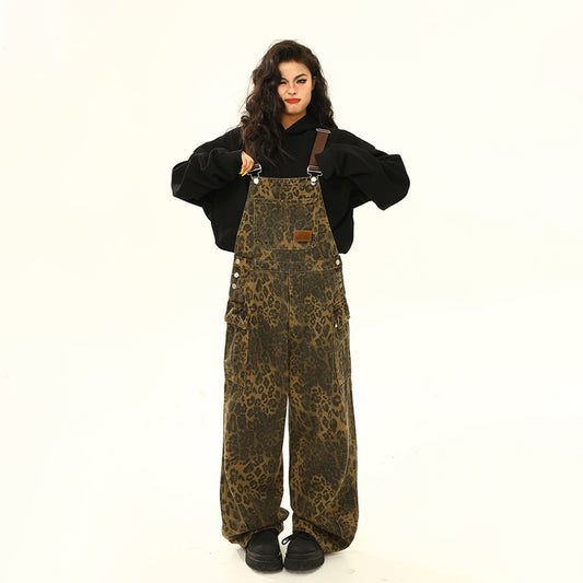 Leopard Print Cargo Pocket Suspender Pants Loose Wide Leg Jeans