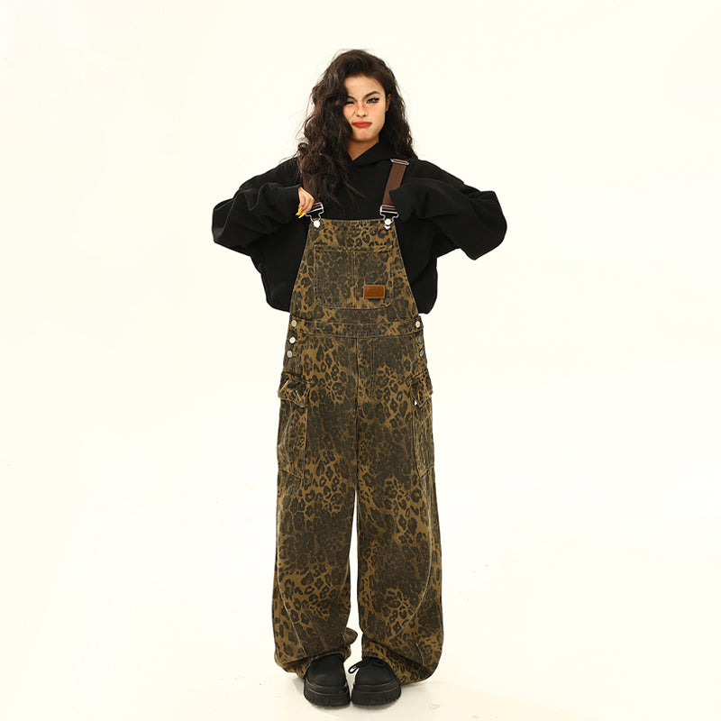 Leopard Print Cargo Pocket Suspender Pants Loose Wide Leg Jeans