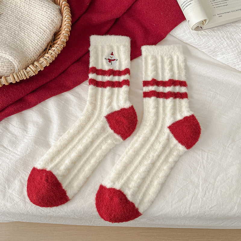 New Christmas Stockings Women's Cartoon Embroidered Snowman Middle Tube