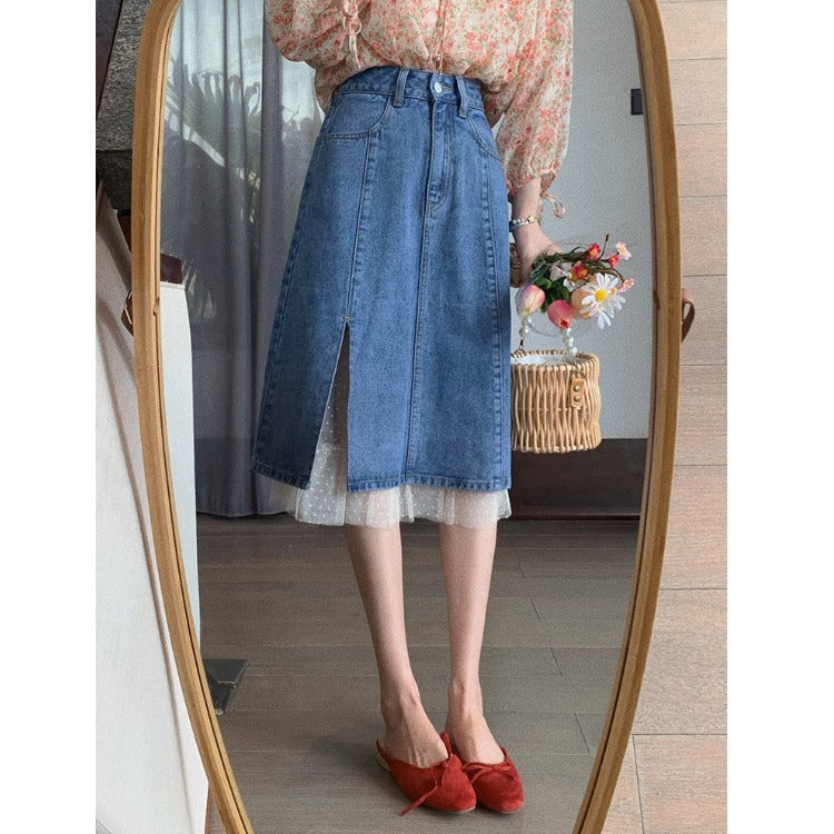 Mid-length Slit Design Niche Mesh Stitching Skirt