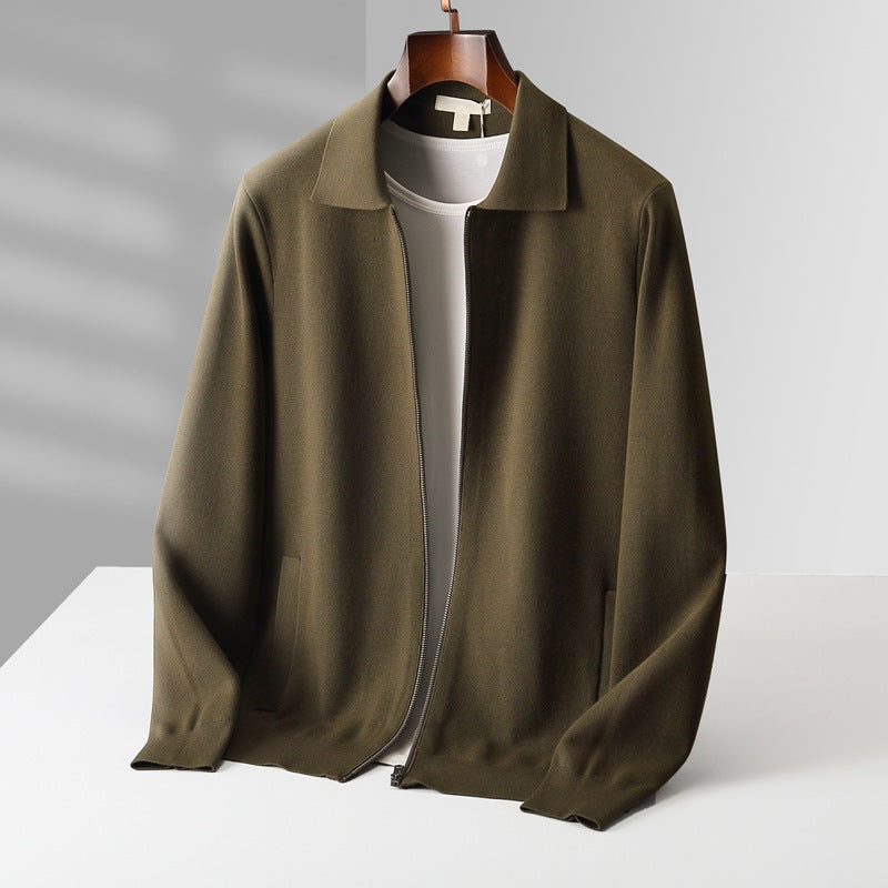 Pure Wool Cardigan Men's Knitted Turn-down Collar Coat