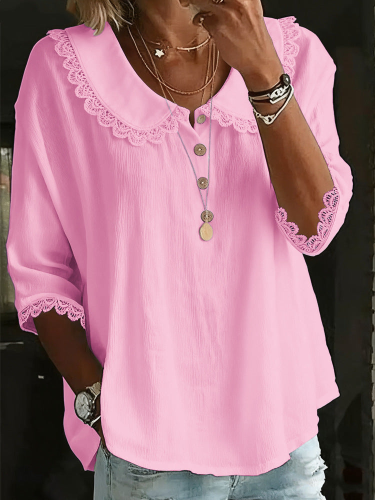 Fashionable Collar With Lace Trim, Solid-Color Button-Up Shirt