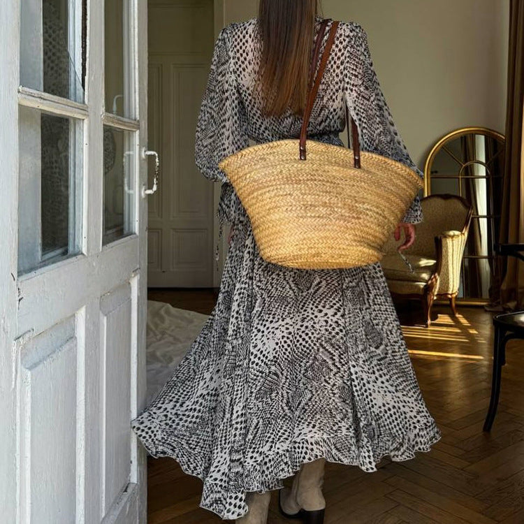 Elegant Printed Long-sleeved Ruffle Dress