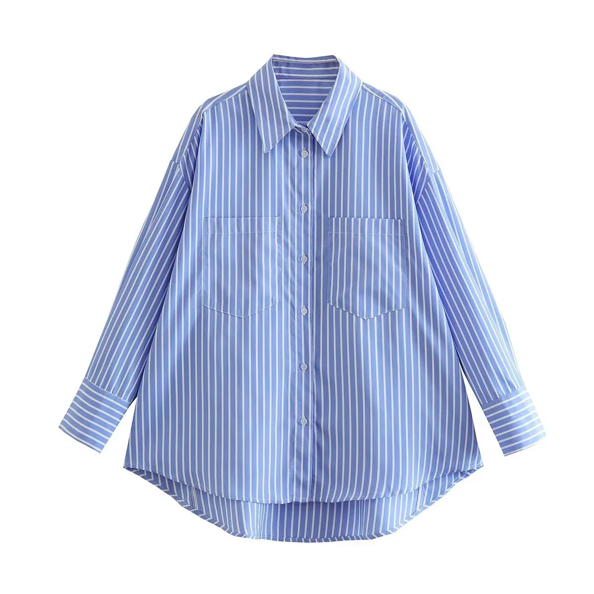 Plus Size Loose Casual Mid-length Short Front And Long Back Striped Shirt