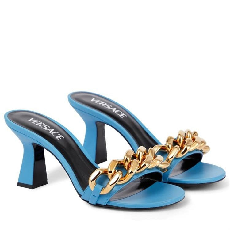 Women's Flat Metal Chain Chunky High Heels Slippers