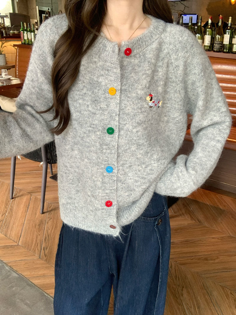 Women's Sweet Round Neck Color Buckle Puppy Pattern Long-sleeved Sweater Cardigan
