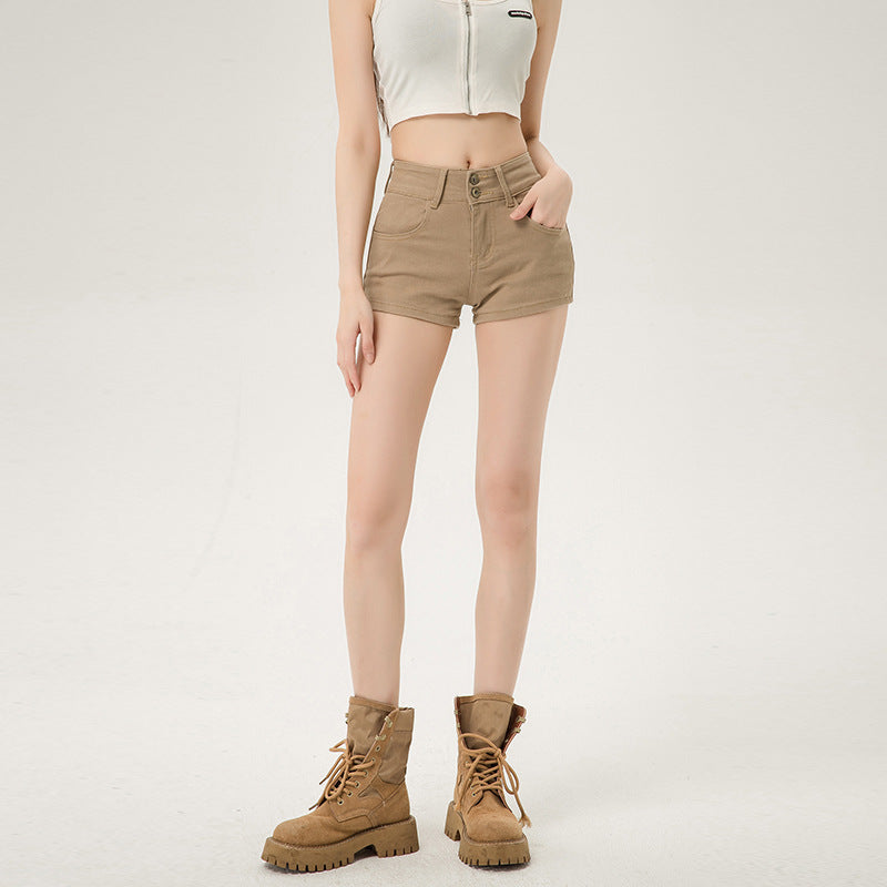 Khaki High-waisted Double-button American-style Womens Denim Shorts