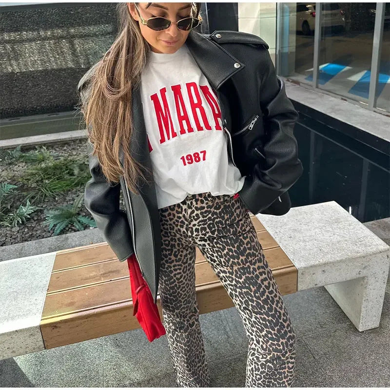 Dame Street Retro leopardprintede bukser med brede ben