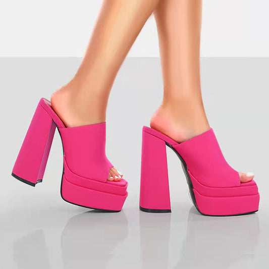 Hollow Chunky Satin High Heel Fish Mouth Women's Shoes
