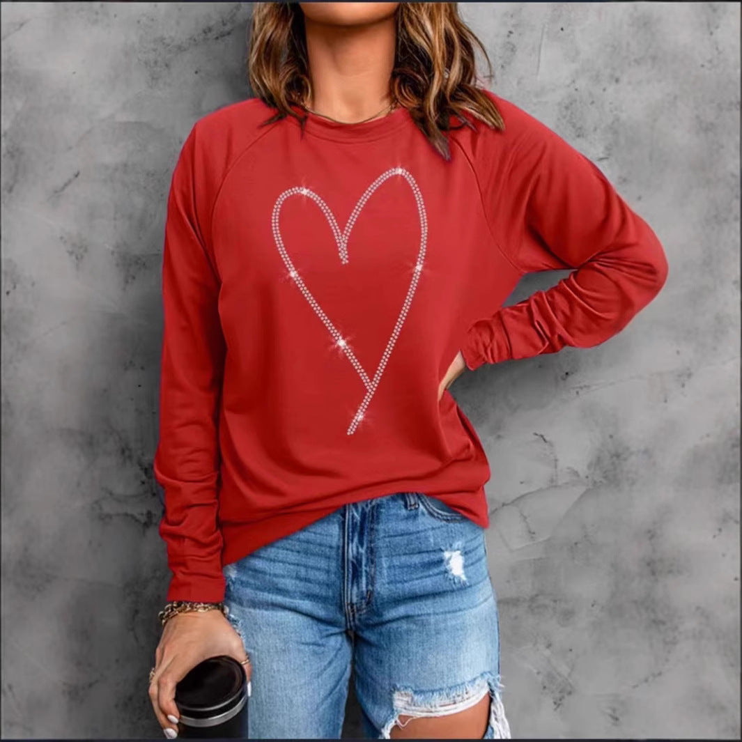 Hjerteprintet langærmet sweatshirt med rund hals