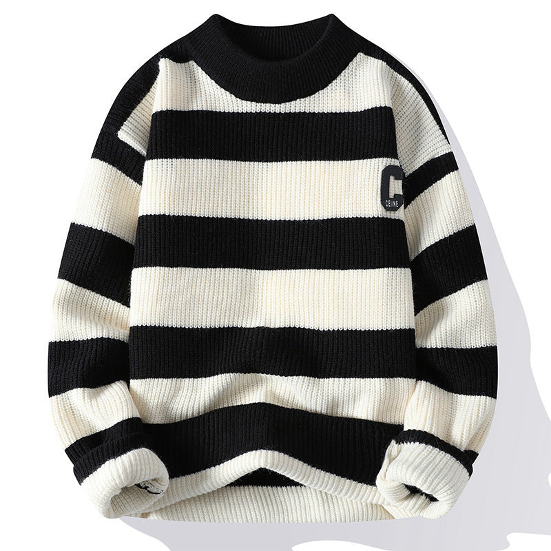 Efterårsbogstavstriber Mock Neck Sweater Flot Mands Strik Tide