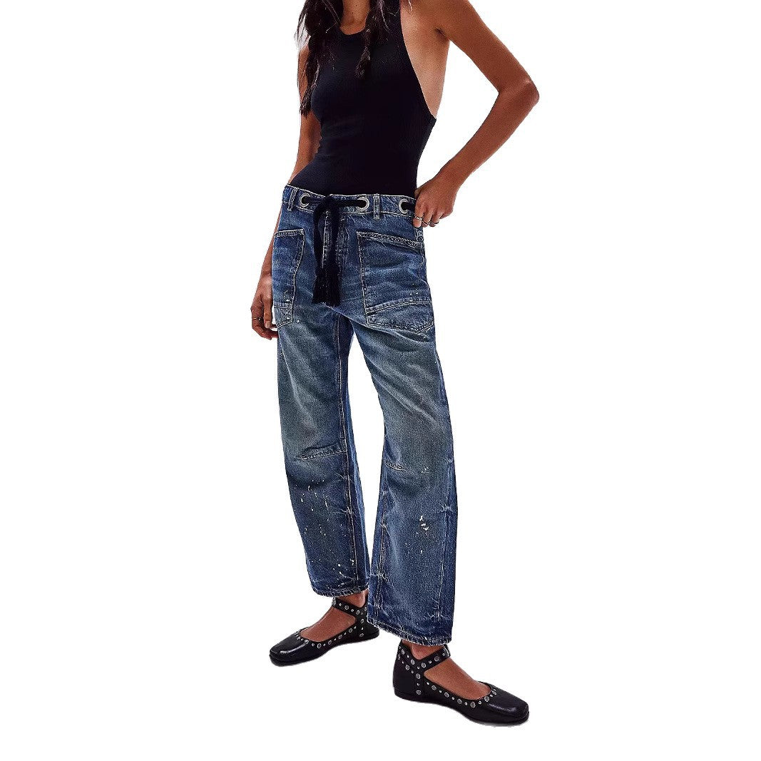 Women's Loose Straight Drawstring Splash-ink Design Casual Jeans