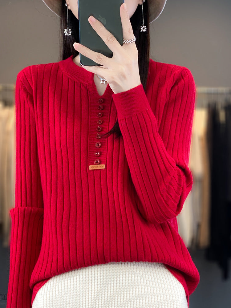 Long Sleeve Round V-neck Sweater Solid Color