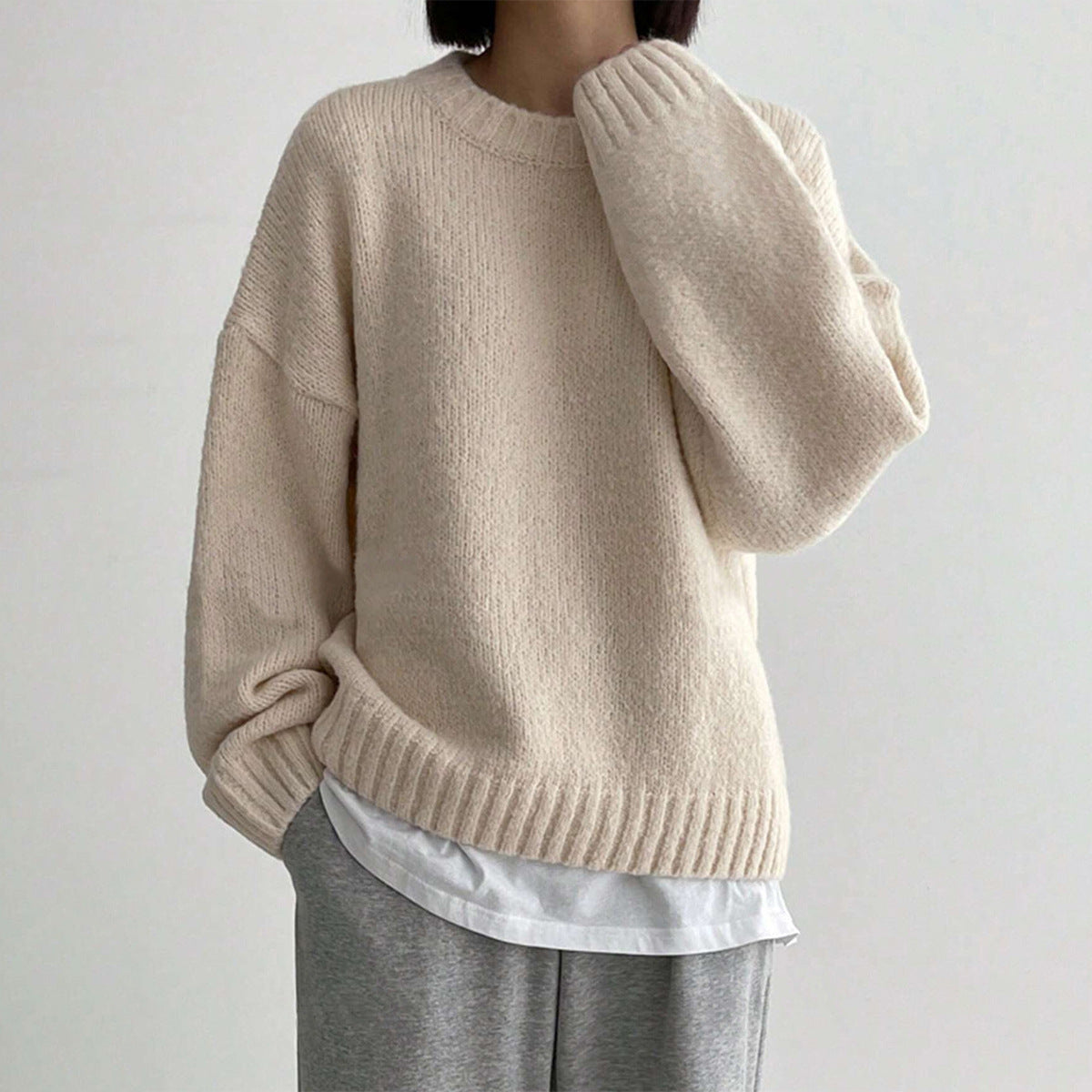Versatile Round Neck Thickened Solid Color Sweater Pullover Long Sleeve