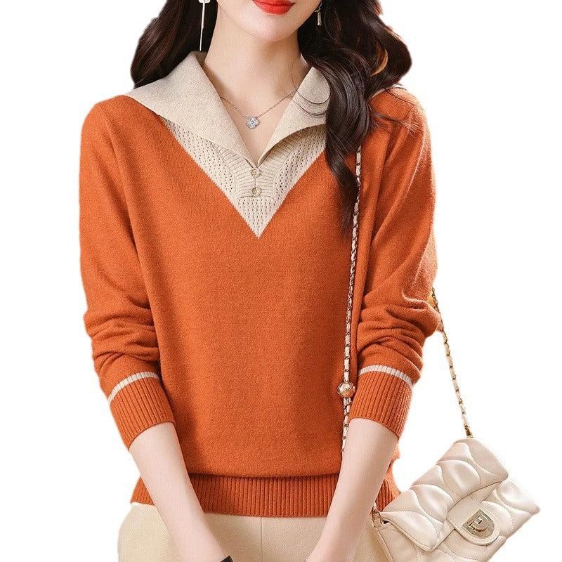 Womens Versatile Navy-Neck Pullover Knit Top