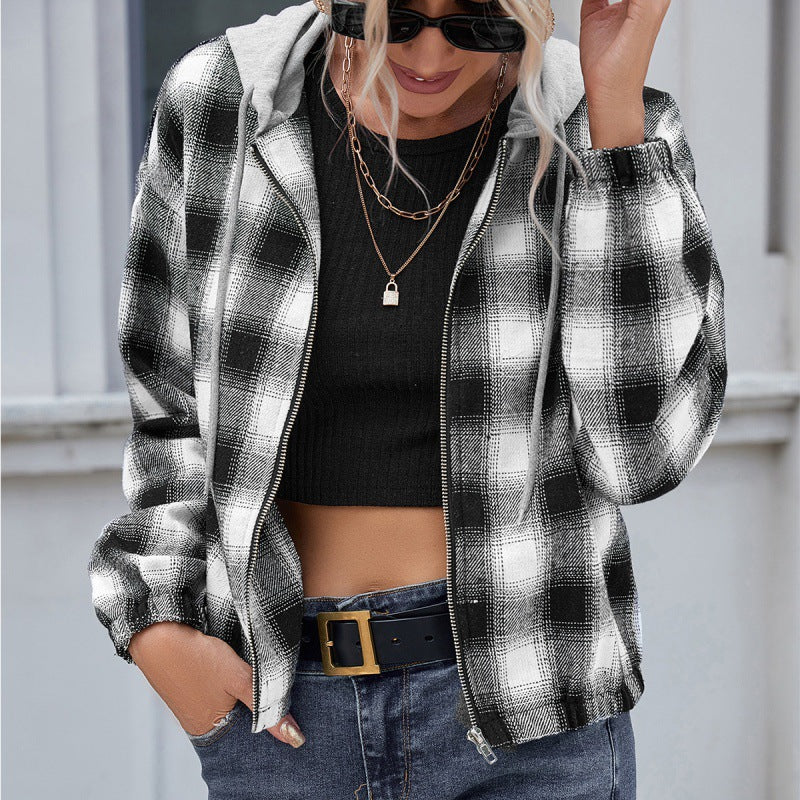 Check Shirt Loose Long Sleeve Casual Zipper Hooded Jacket Coat