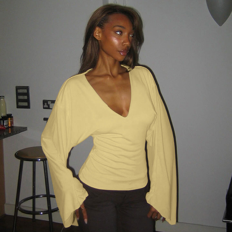 Summer And Autumn New Solid Color And V-neck Flared Long Sleeve Slim Fit