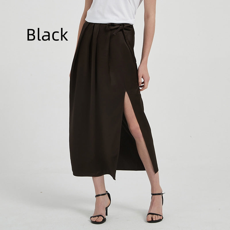 Satin Triacetate Light Draping Rope Floating Pleated Slit Skirt Summer Women's High Waist
