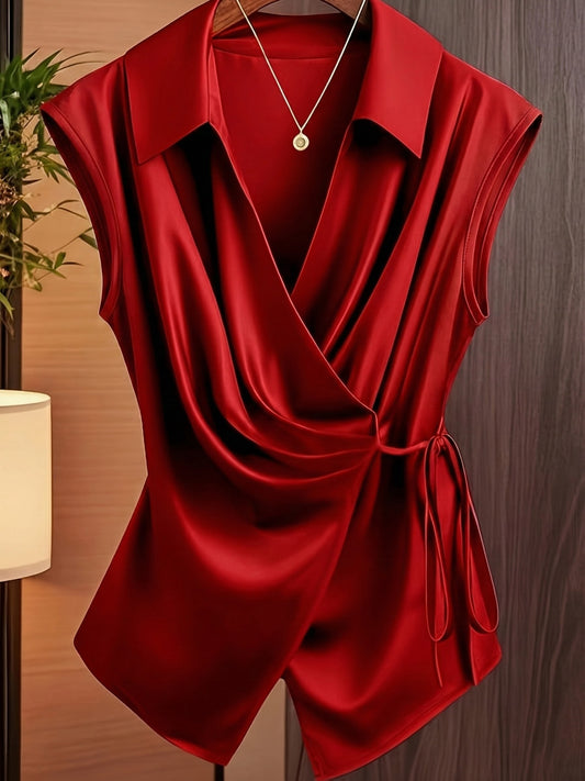 Womens Notched Collar Irregularly Tied Waist Sleeveless Shirt