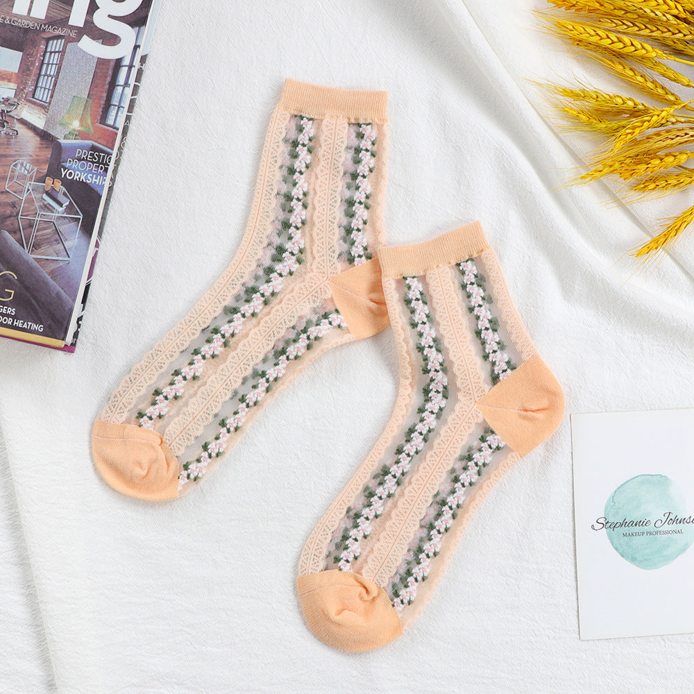Women's Mid-calf Ins Fashionable Small Floral Transparent Spun Glass Summer Thin Stockings