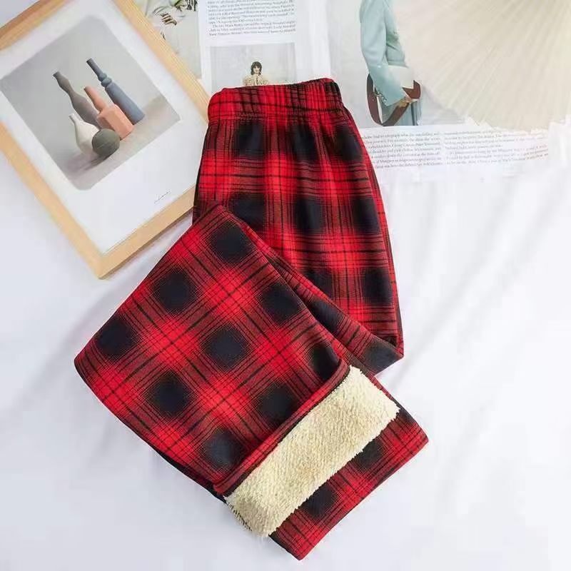 Winter Christmas Leopard-Print Shearling Plaid Pants