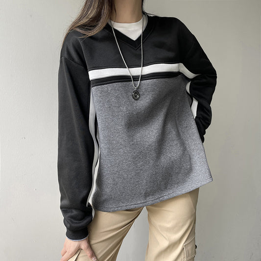 Spliced Contrasting Loose Fitting Hoodie Pullover