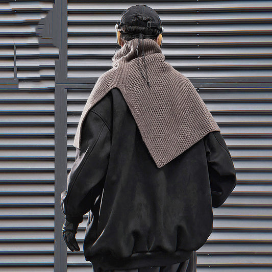 Suede Round Neck Cardigan Coat Men's Baggy Casual Jacket Free Scarf