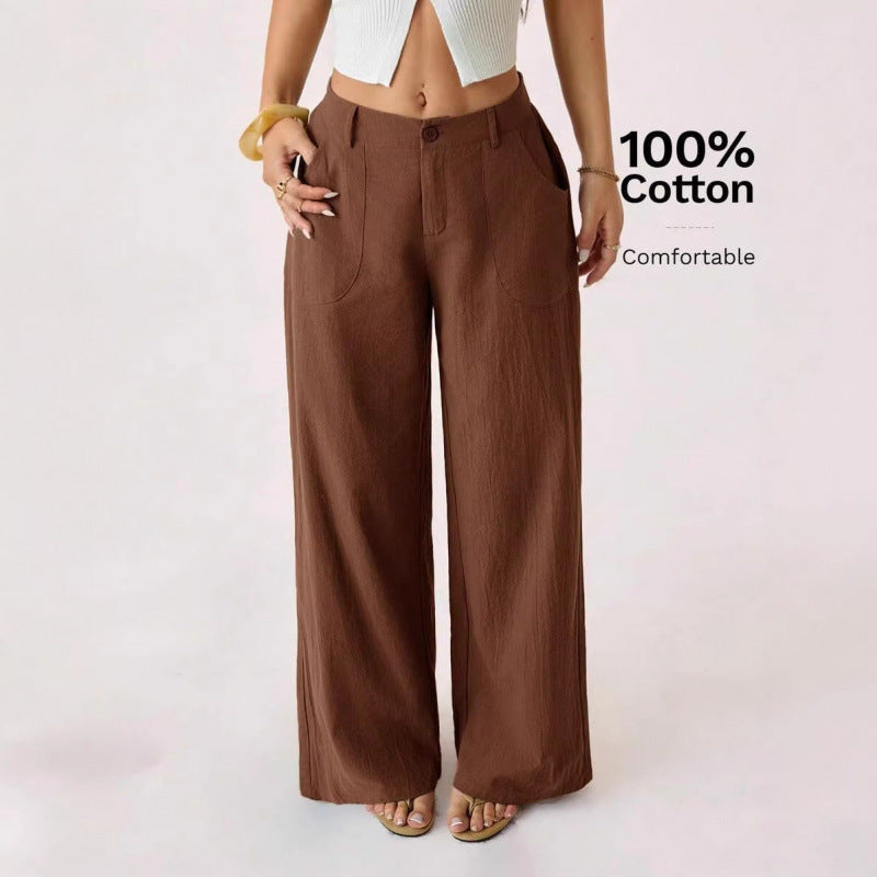 New Cotton-linen Womens Mid-rise Casual Commuter Wide-leg Pants